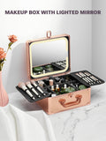 Qislee Makeup Box with A Detachable Lighted Mirror, Waterproof Travel Train Case, Cosmetic Organizer and Makeup Suitcase with Adjustable Dividers, Magnetic LED Mirror(Rose Gold)