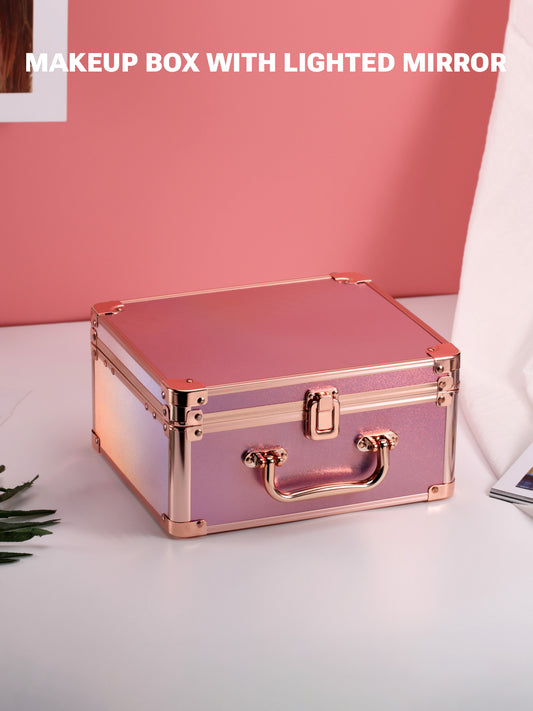 Qislee Makeup Box with A Detachable Lighted Mirror, Waterproof Travel Train Case, Cosmetic Organizer and Makeup Suitcase with Adjustable Dividers, Magnetic LED Mirror(Sparkling Gradient Pink)